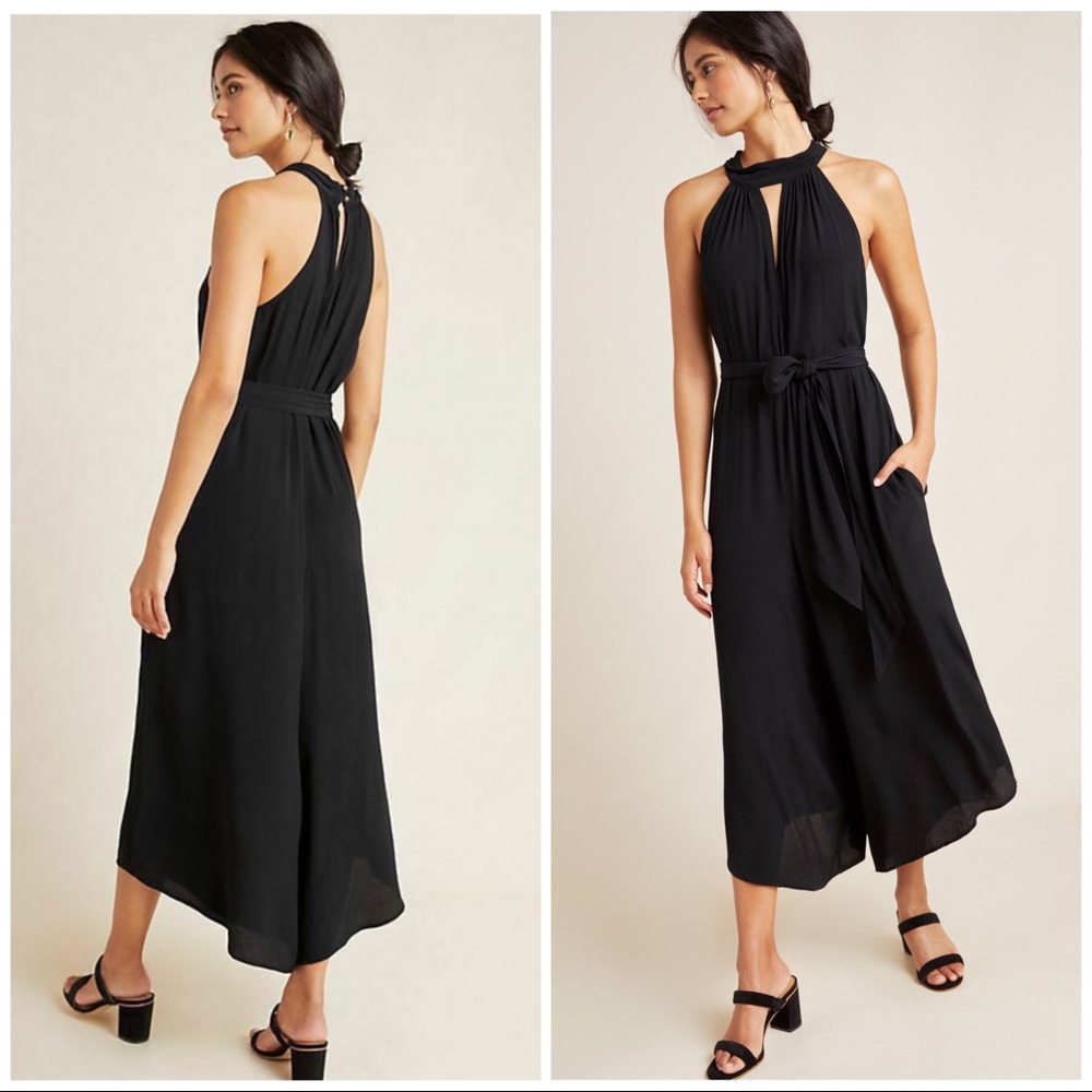 Anthropologie Black Halter Jumpsuit Flowy Size Small Medium Wide Leg